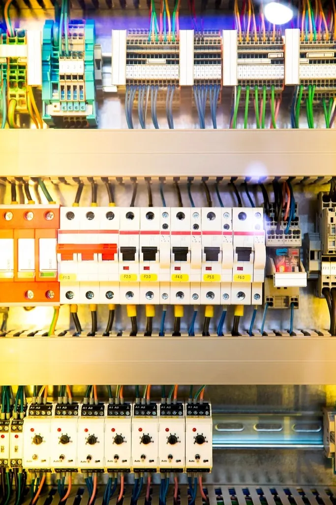 Control panel interior with DIN-rail terminal blocks, circuit breakers, and contactors during controls design