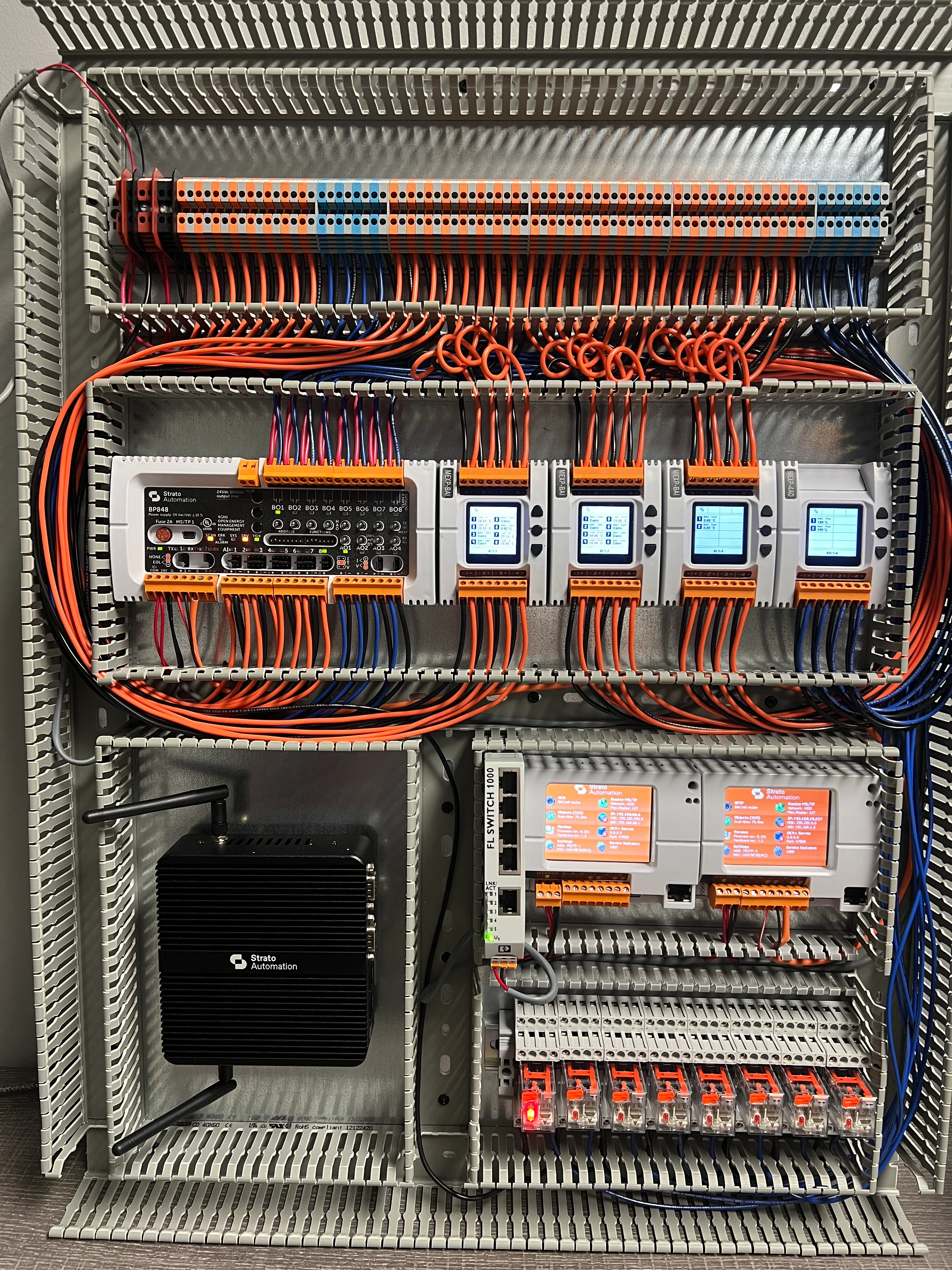 Custom building automation control panel built by 3S Electronics with labeled wiring and DDC controllers