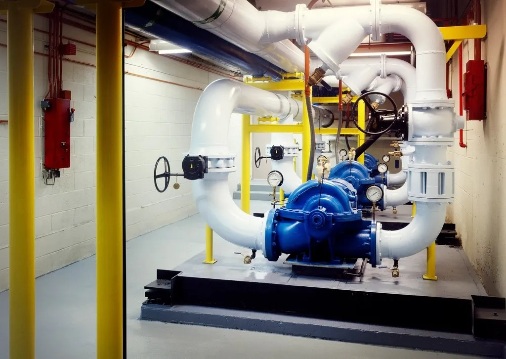 Mechanical room with HVAC piping and pumps during building automation commissioning