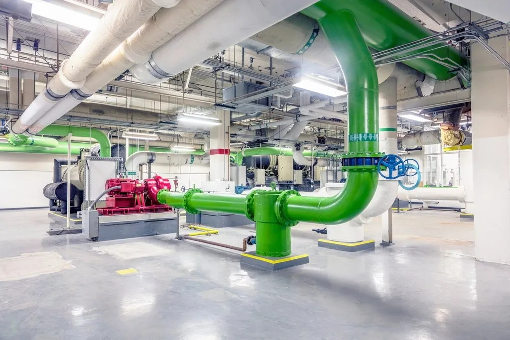 Mechanical room with HVAC piping, pumps, and equipment coordinated through building automation